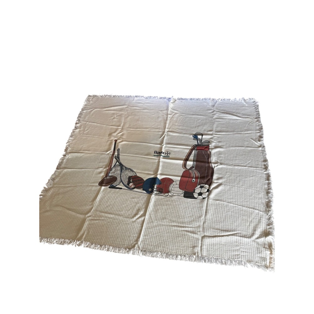 Vintage Bayer Sports Throw Blanket Waffle Weave Fringe Cream Promotional 46x46